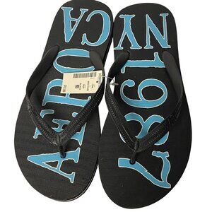 Aeropostale Mens Flip Flops Black & Blue "NYC 1987" Design size L Nwt